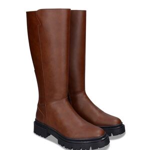 Women flat boots brown vegan leather zip high knee confident style flat riding